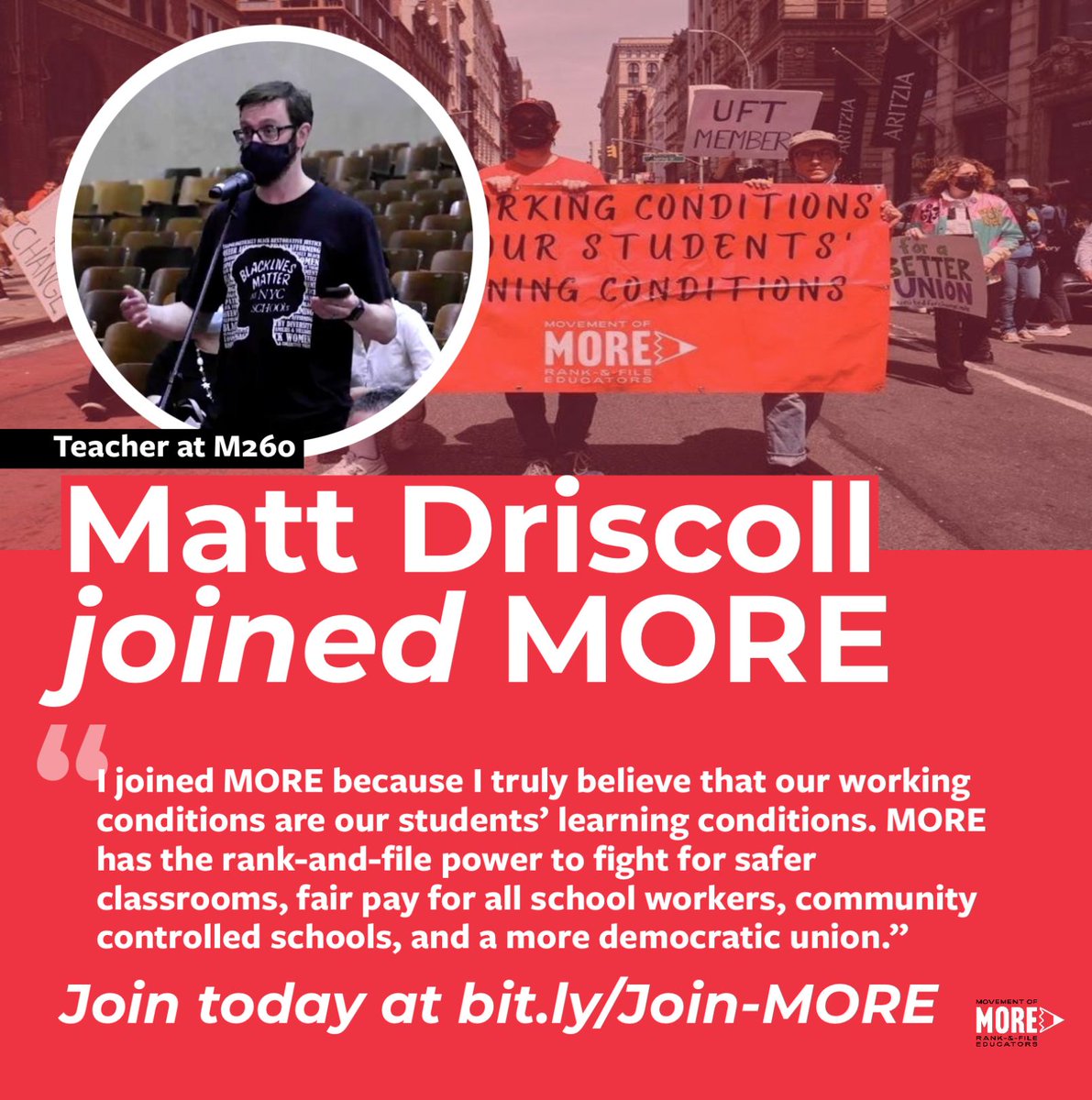 "MORE has the rank-and-file power to fight for safer classrooms, fair pay for all school workers, community controlled school, and a more democratic union."

Join MORE to fight for the schools we deserve! Become a member today and ask a coworker to join: bit.ly/joinmore