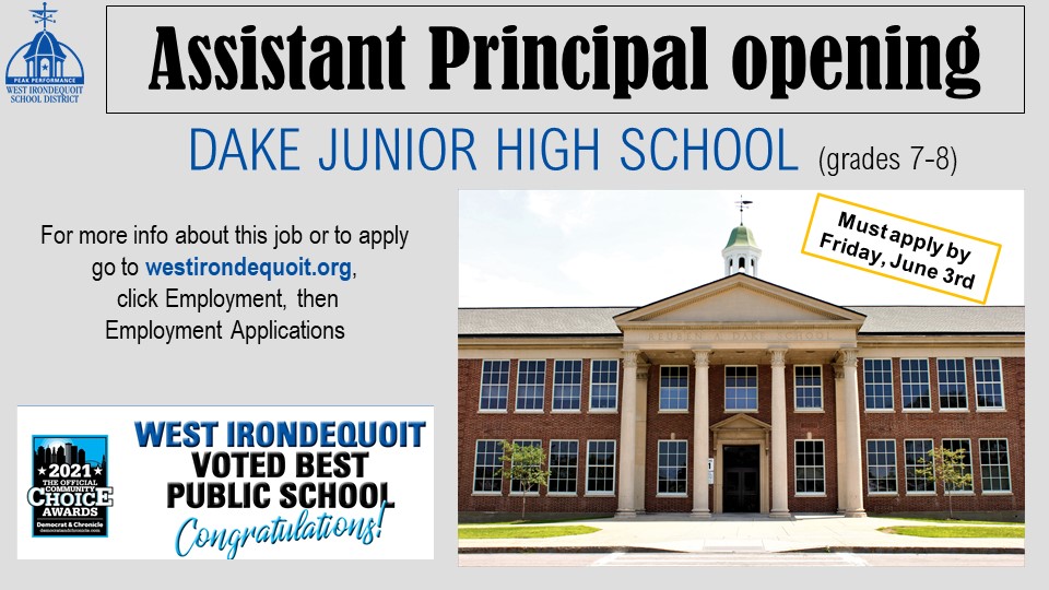 🚨JOB OPENING: Interested in leading a dynamic group of young people and working with a top-notch team? Dake Junior HS is looking for an Assistant Principal. 

You must apply by this Friday, June 3rd!

For more info or to apply👉 bit.ly/3dDoKIg