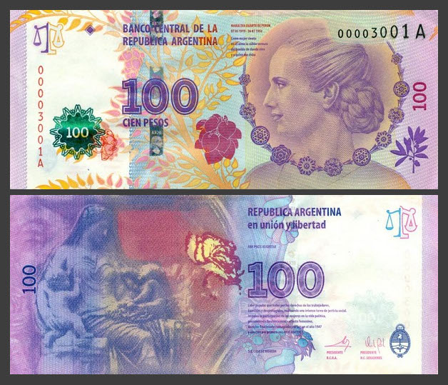 Eucalyptus_coin's tweet image. 美しい紙幣でおなじみ？のエヴァ・ペロンの新しい紙幣が出るみたい
（左:新紙幣　　右：現行紙幣）
#貨幣コレクション #newbanknotes