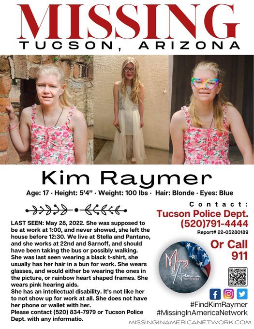 thelastshow's tweet photo. 🚨#MISSING #DISABLED Kim Raymer #KimRaymer #Tucson #Arizona 5/28/22 Walking or taking bus to work. Didn't get to work

WF age 17 5'4" 100lbs Blond hair Blue eyes Wearing black T-shirt Glasses Pink hearing aids Intellectual Disability No phone No wallet 
 
Tucson PD 520-791-4444 https://t.co/CTwqs8j5f9