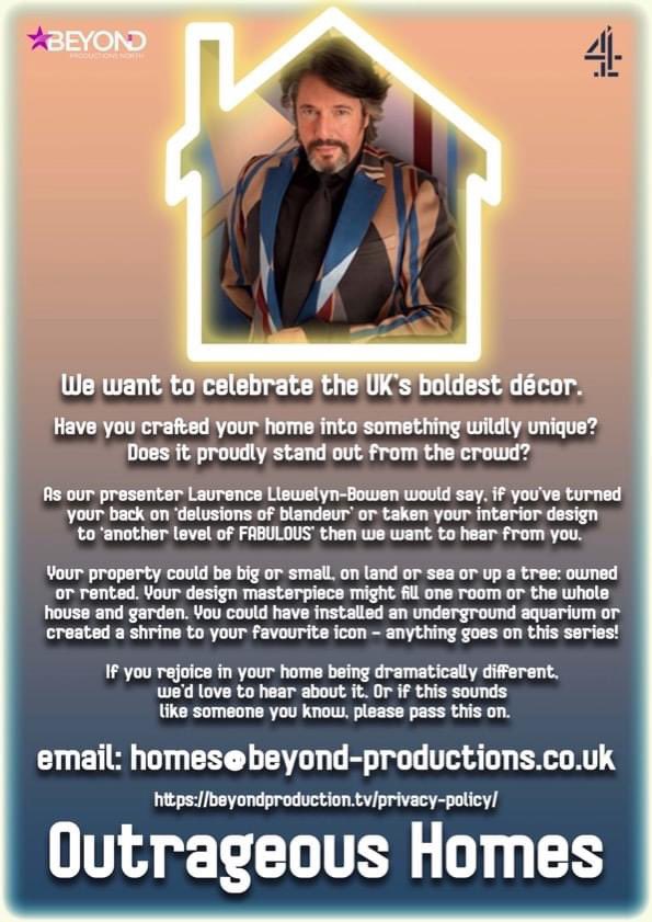 Anu_Bains_Radio's tweet photo. Laurence Llewelyn-Bowen has a new channel 4 property show celebrating the UK’s boldest décor. If your home is widely unique and stands out from the crowd please get in touch! email: homes@beyond-productions.co.uk

#casting #Interiors #interiordesign #interiordesignideas #retweet https://t.co/BzB27qeEuG