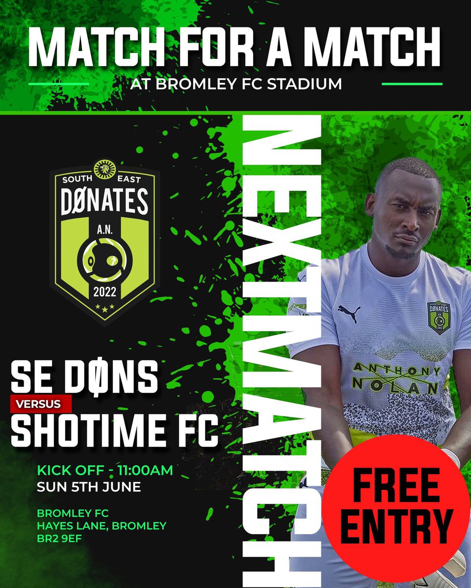 GAME SUNDAY 🏆

⚽️ SE DONS vs <a href="/ShotimeFC/">Shotime FC</a> 
⏰ 11am KO
🧭 Bromley FC Stadium
🏆 <a href="/AnthonyNolan/">Anthony Nolan</a> Charity

This Sunday the Dons play as ‘SE DONATES’ for an amazing cause. Entry is FREE! Come down &amp; support our last game for the 1st Team before we break for the Summer #ANYTHING