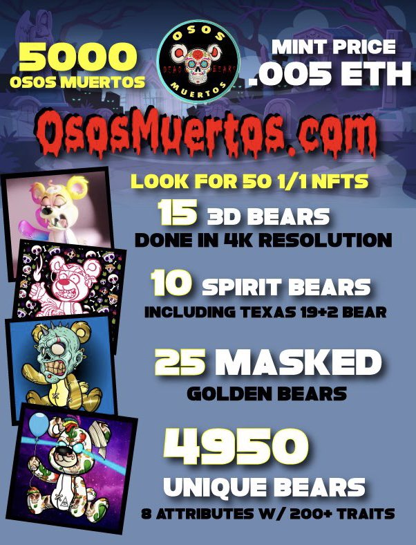 OMG I love these Bears! MINTING Now at .005 ETH OsosMuertos.com #LosMuertos #NFTProject #nftart #WomeninNFTs