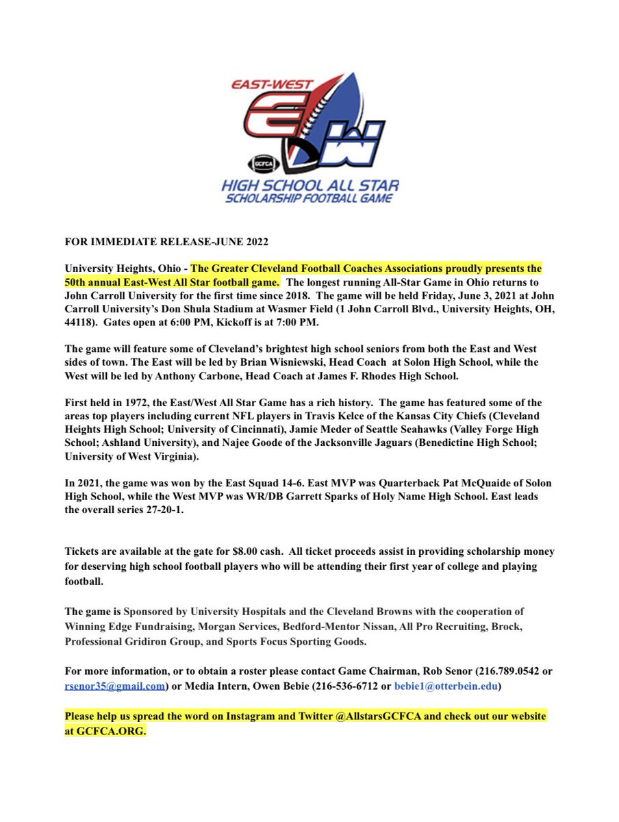 East-West All Stars (@allstarsgcfca) on Twitter photo Come out this upcoming Friday night June 3, 2022 @ 7:00pm to watch Cuyahoga County’s top high school football players compete in the 50th annual East-West All-Star game! You won’t want to miss it! #eastwestallstargame Come out this upcoming Friday night June 3, 2022 @ 7:00pm to watch Cuyahoga County’s top high school football players compete in the 50th annual East-West All-Star game! You won’t want to miss it! #eastwestallstargame