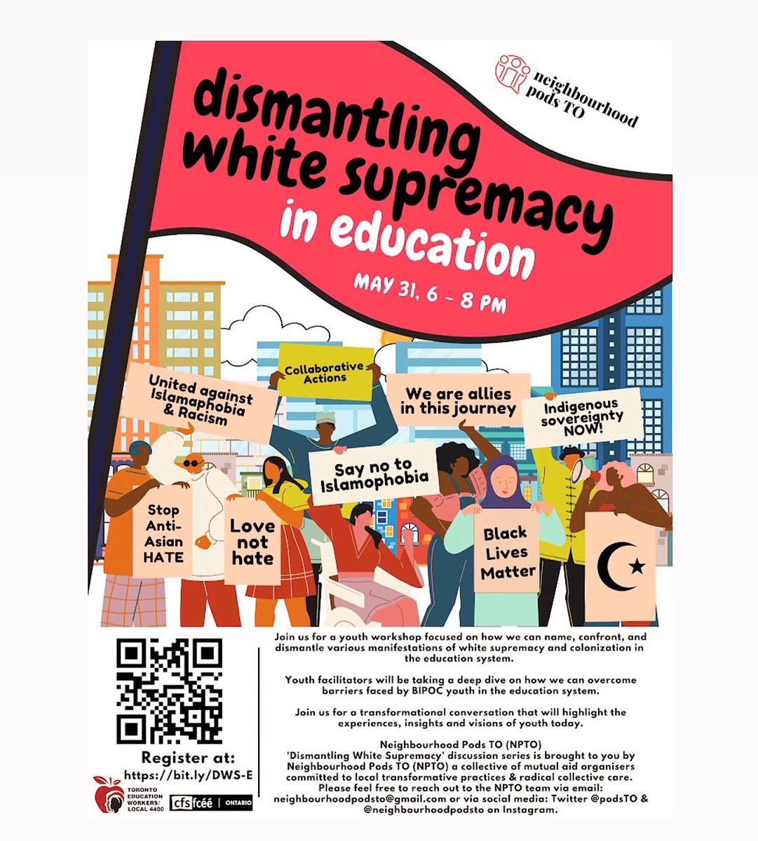 pods_to's tweet photo. ~ Please join us for a workshop as a follow up to the community conversation focused on dismantling white supremacy in education.

What: Dismantling White Supremacy in Education- Youth Workshop
When: Tuesday May 31, 6 PM - 8 PM
Where: online zoom event: https://t.co/Vw7ioDXWBA