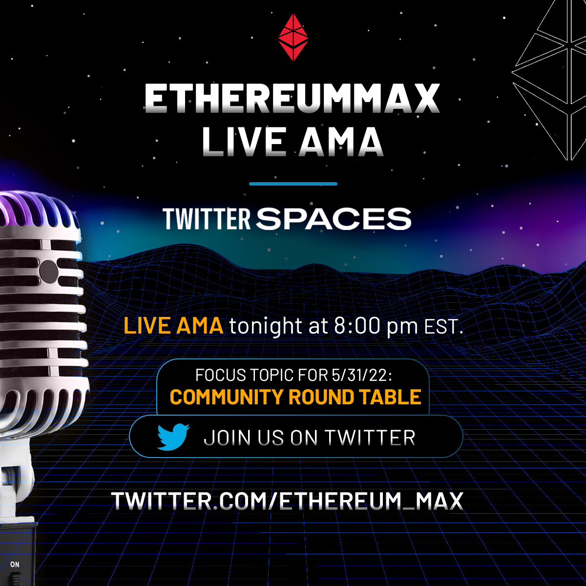 Join #EMAX on #TwitterSpaces for an AMA at 8:00pm EST! The discussion topic  for 5/31/22 is: Community Round Table with Open Discussion! Submit  Questions Here: https://t.co/FqOxScLqe5 Spaces Link:  https://t.co/e08KXMvSLf #cryptocurrencies #crypto ...