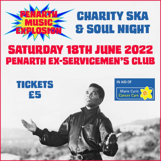 Ticket linkfor our Ska &amp; Soul night in aid of Marie Curie: ticketsource.co.uk/penarthmusicex… It takes place on Saturday 18th July 2022 at Penarth Ex-Servicemen’s Club, 7:30pm ‘til midnite.

#penarth