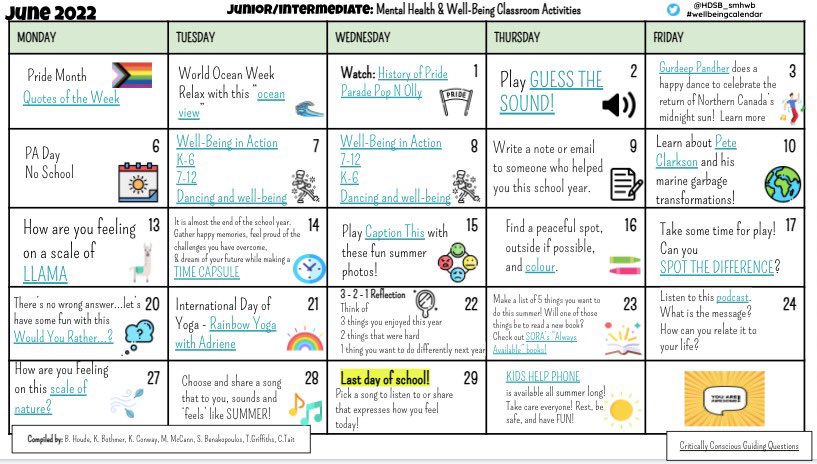 Tomorrow is the first day of June! ☀️Check out the June well-being calendar activities! We have enjoyed seeing all the Tweets from classrooms around HDSB each month.