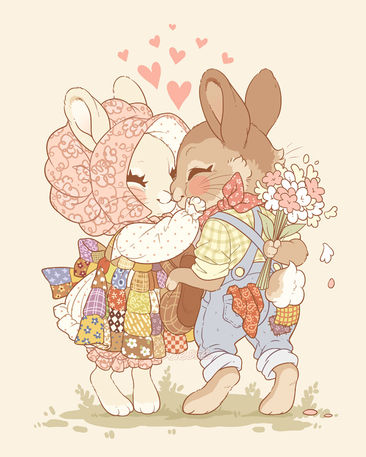 flower closed eyes heart furry overalls furry female rabbit ears  illustration images
