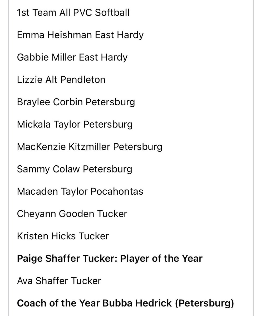 Congratulations to All-Potomac Valley Conference Division 2 Softball First Team ⁦<a href="/NesselrodtEHHS/">East Hardy High School</a>⁩ ⁦<a href="/88Catman/">The Catman</a>⁩ ⁦<a href="/PetersburgHS/">Petersburg HS WV</a>⁩ ⁦<a href="/PCMHSWV/">Pendleton County Middle/High School</a>⁩ ⁦<a href="/PenCoSchoolsWV/">PendletonCountySchoolsWV</a>⁩ ⁦<a href="/Aaron_Colebank/">Aaron Colebank</a>⁩