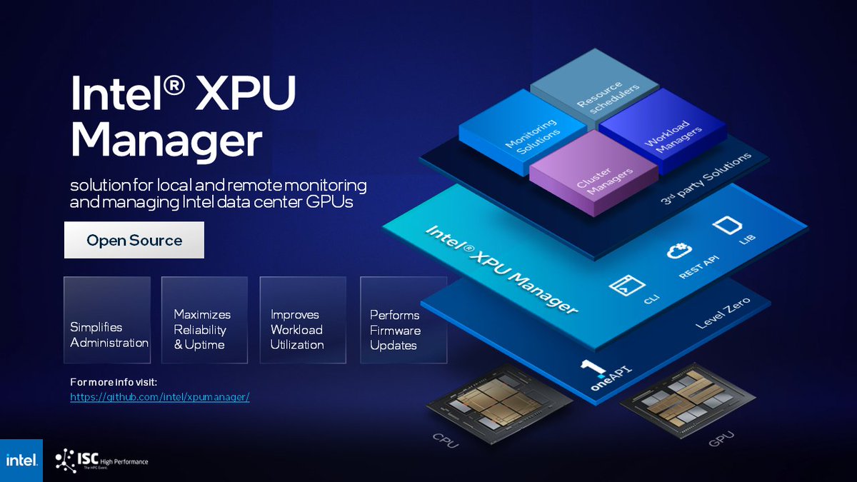 IntelSoftware's tweet image. The world is shifting to heterogeneous computing. Intel XPU Manager makes it a lot simpler, as @CodeNative explained during #ISC22. Get more on the open-source solution for in-band remote monitoring, management, and control of Intel&apos;s data center XPUs: intel.ly/3aadjf0