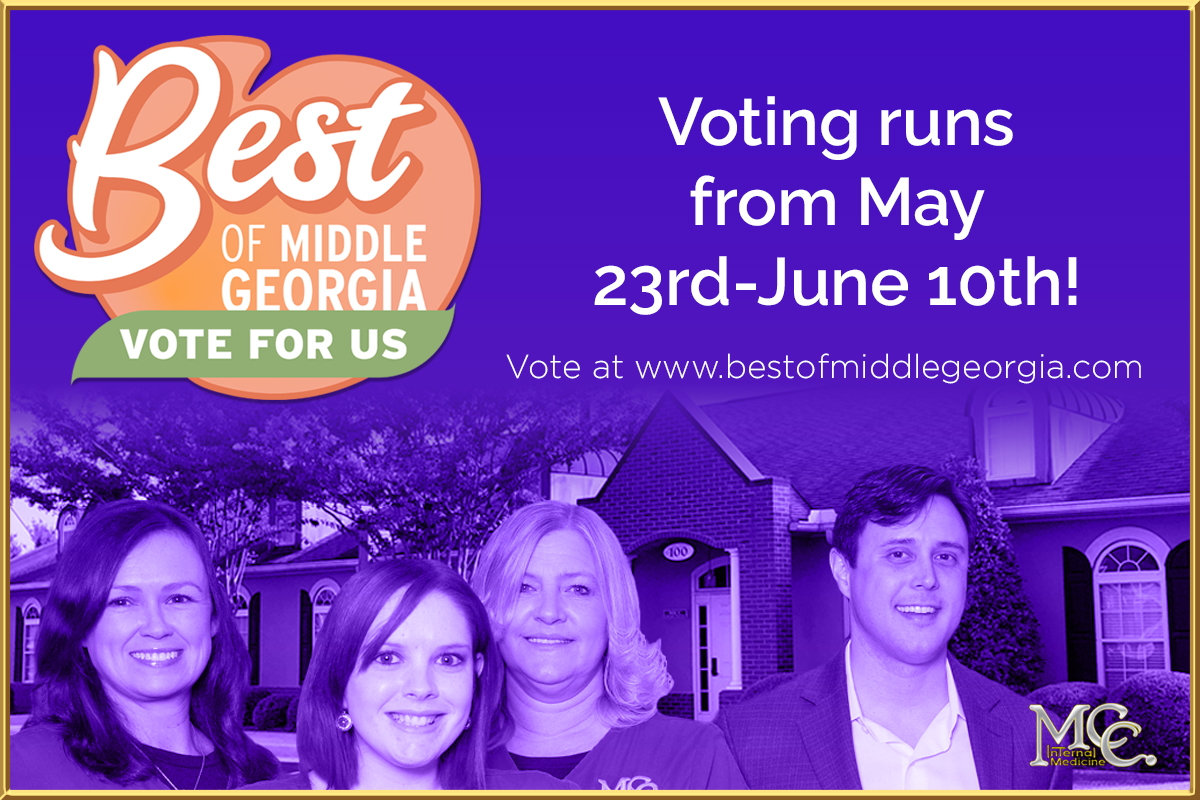 Last few days to vote!

✅ Visit bestofmiddlegeorgia.com.
✅ Click 'Vote' tab.
✅ Select 'Health & Beauty.'
✅ Vote for MCC Internal Medicine in the 'Family Medicine' category.
✅ Follow prompts & vote for Dr. McClure in the 'Doctor' category.

Vote once a day until June 10!