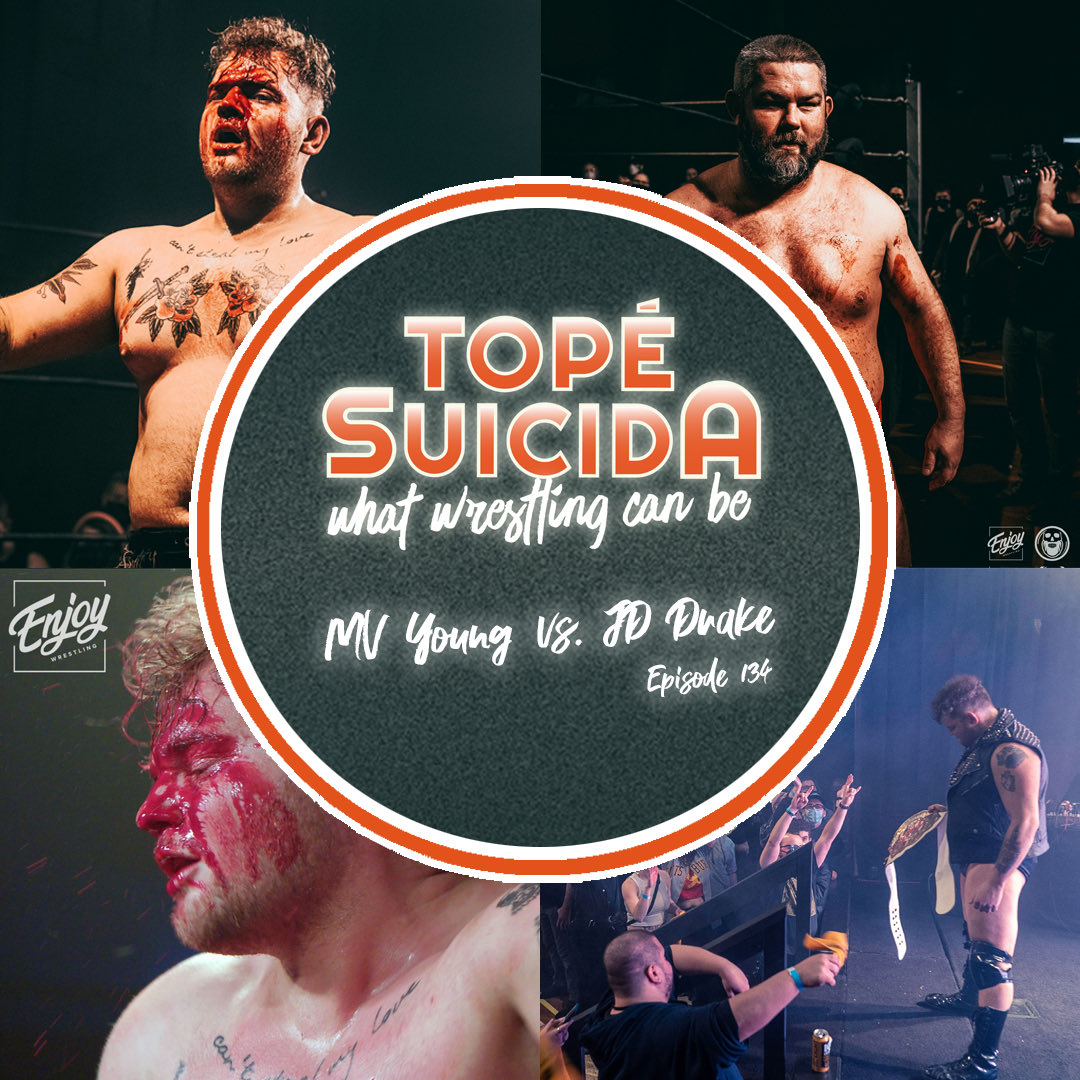 topesuicidapod's tweet photo. We jump into our indie wrestling promotion spotlight with the main event of the recent @EnjoyWrestle RENEGADE show. It’s #MVYoung vs. @RealJDDrake. Up top, we have a sincere eulogy for Ingrid, @beaurosser’s weenie dog that has passed on+jokes. Listen: https://t.co/UduikfZIsT https://t.co/JobITbZAoN