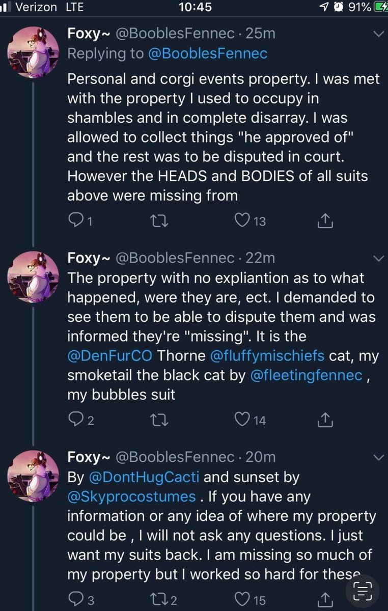 booblesfennec's tweet photo. Remember my "missing" suits? Isn't it weird that here, I say that Thorne is owned by @CorgiEventsLLC but yet is still in my possession after me being fired by treble? https://t.co/5mkWDOP1cV
