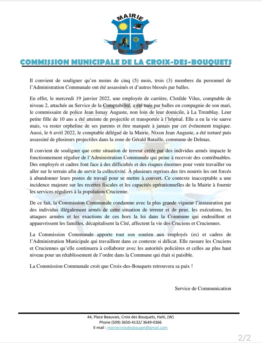 Communiqué de Presse du 29 mai 2022 relatif à l'attaque armée contre  l’inspecteur de police Anéus Ketcham (décédé) &amp; le Directeur du Service de Génie de la Mairie Monsieur Rosier Cadet (blessé) ainsi que le contexte delicat de fonctionnement de la Mairie. facebook.com/37192901316763…