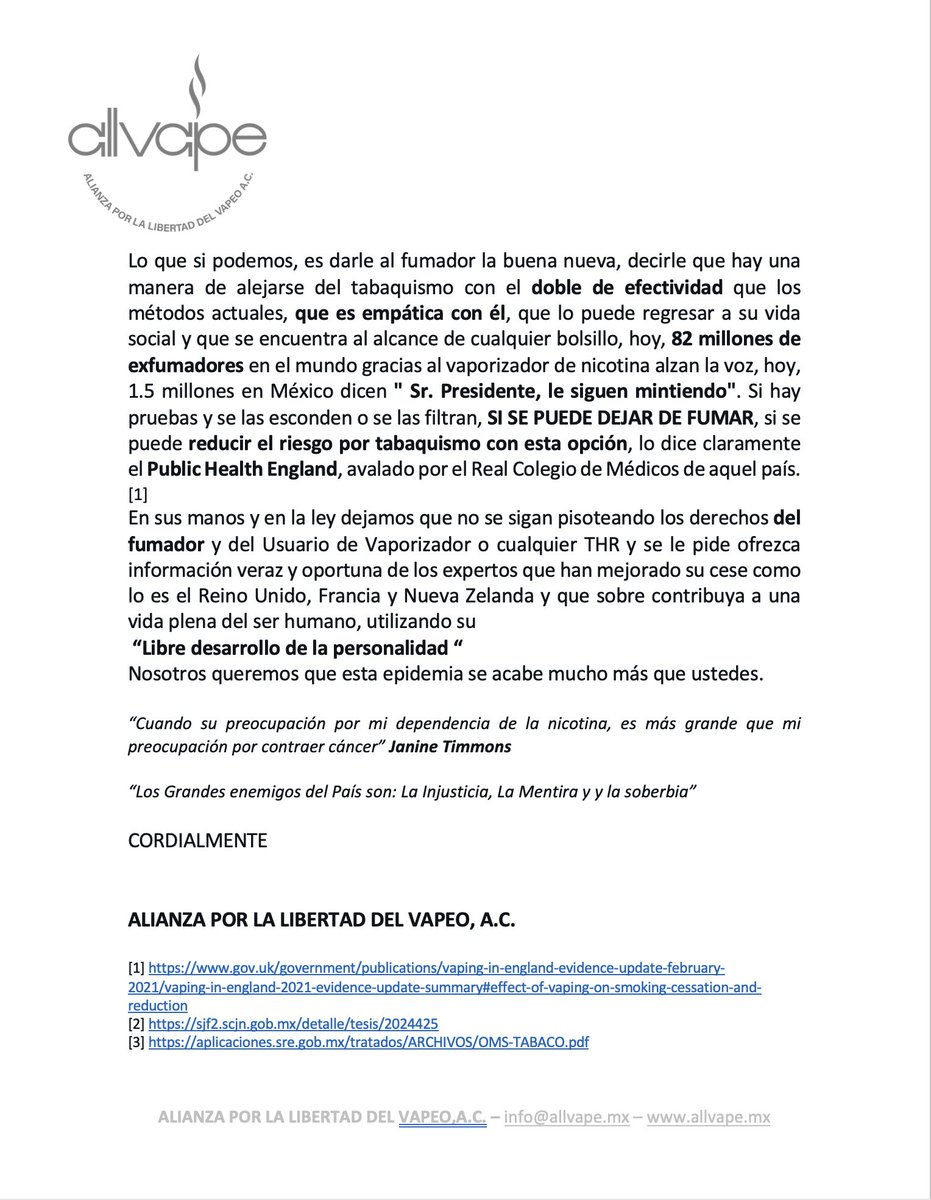 allvapemx's tweet image. AllVape, A.C. Condena categóricamente el decreto que el Sr. Presidente lanza el día de hoy, prohibiendo la  comercialización y distribución del vapeo en México. Además utilizando el " Día Mundial Sin Tabaco" para Castigar al fumador sin nuevas opciones de THR
#VapearNoEsFumar