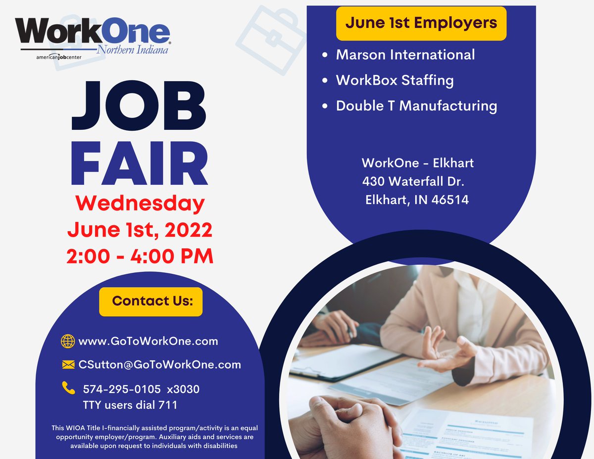 Work1NorthernIN's tweet photo. Two in-house job fairs coming up TOMORROW in Plymouth and Elkhart. Contact us for more information. 
https://t.co/Pl0ZVlfEMD https://t.co/OciPdlku51