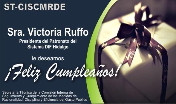 Desde <a href="/CISCMRDE/">ST-CISCMRDE</a> enviamos de manera respetuosa y con afecto, una gran felicitación a la Sra <a href="/victoriaruffo31/">victoria ruffo</a> esposa de nuestro Gobernador 
<a href="/omarfayad/">Omar Fayad</a> y Pdta del Patronato del Sistema 
<a href="/difhgo/">Sistema DIF Hidalgo</a> con motivo de su cumpleaños!  
Muchas Felicidades!