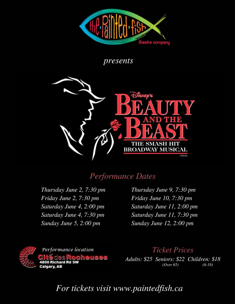 thepaintedfish1's tweet photo. @Ent_Calgary can you share our show? 
Beauty and the Beast opens Thursday! 
Tickets at https://t.co/Uubz7lgboB https://t.co/dBk1h5G00G