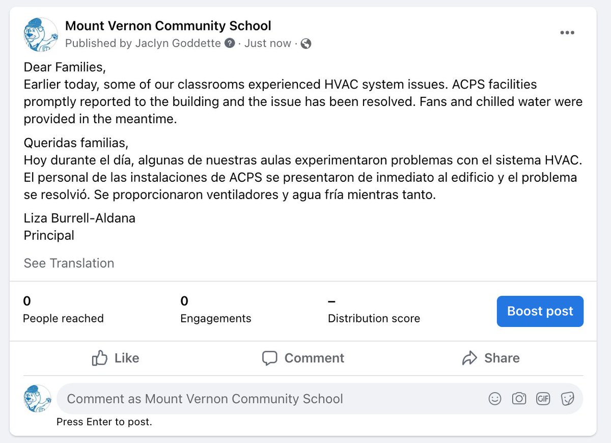 Earlier today, some of our classrooms experienced HVAC system issues. ACPS facilities promptly reported to the building &amp; the issue has been resolved.