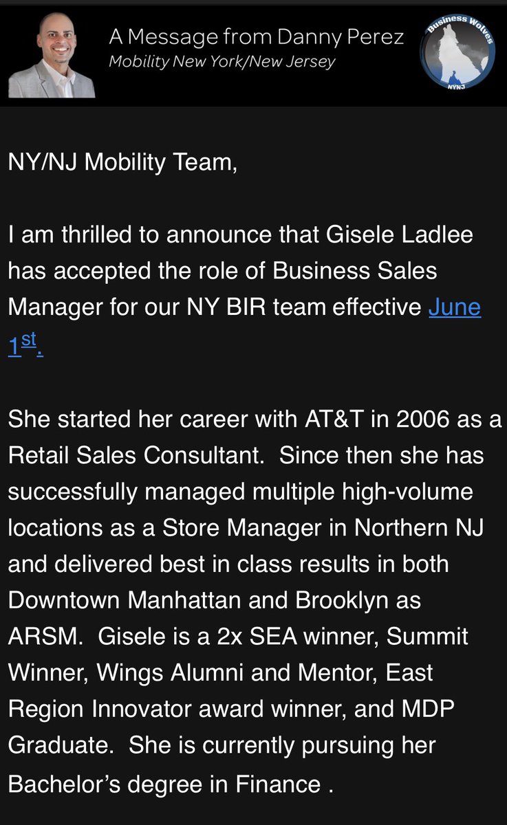 Welcome to the team Gisele! We are so incredibly excited to have you join our NYNJ Business Wolves team as a Mobility Sales Manager on 6/1! We look forward to your continued success, great energy, and amazing leadership! @Danny_Perez_01