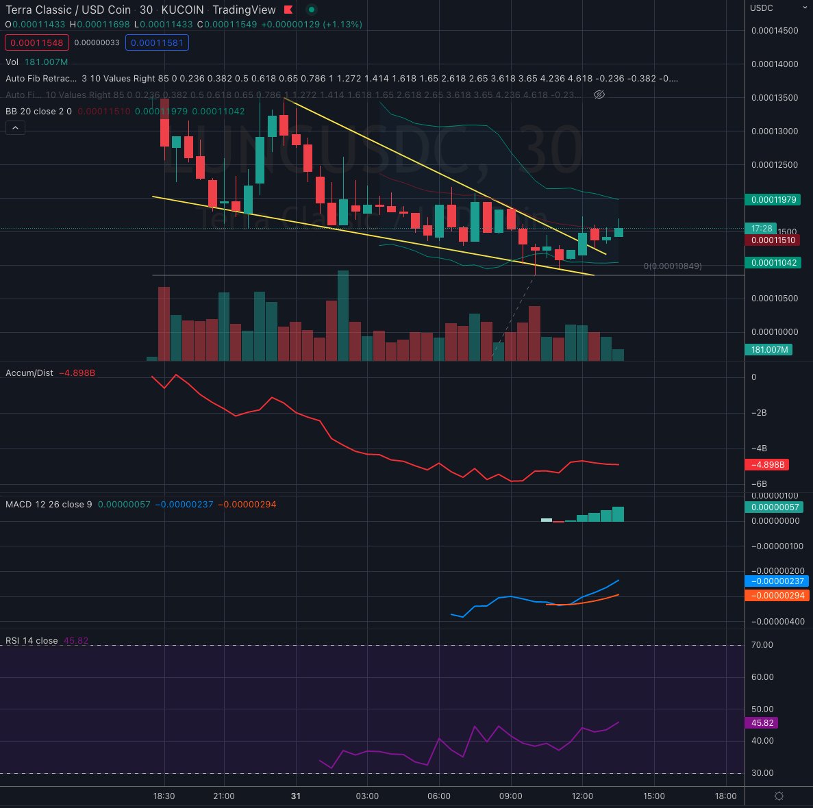 CryptoChartStrm's tweet image. $LUNC #LUNC [30-minute Chart] Little data is available so far but it is starting to catch some bullish short term momentum, following Falling Wedge breakout.