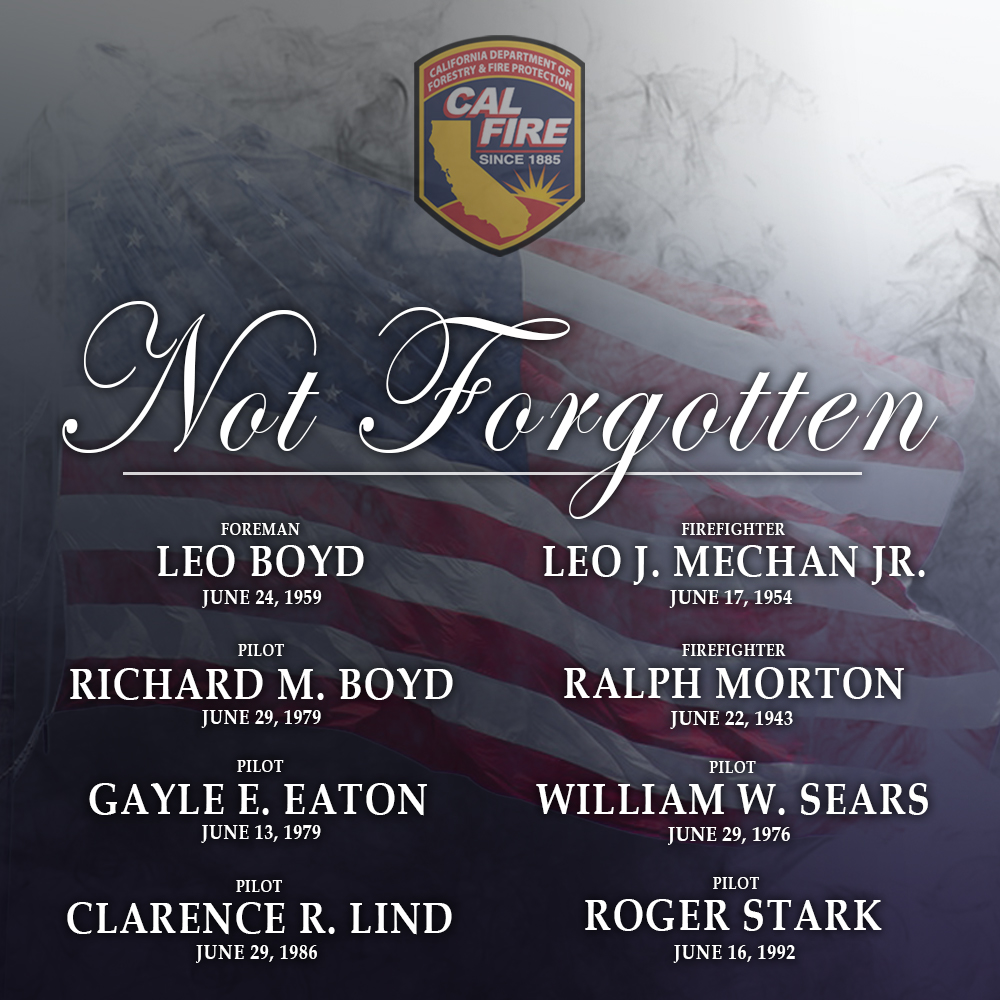 CAL_FIRE's tweet photo. Today we remember our brothers and sisters who died in the line of duty during the month of June. We are forever thankful for their service. #LODD #NotForgotten https://t.co/v1xwhkn5mD