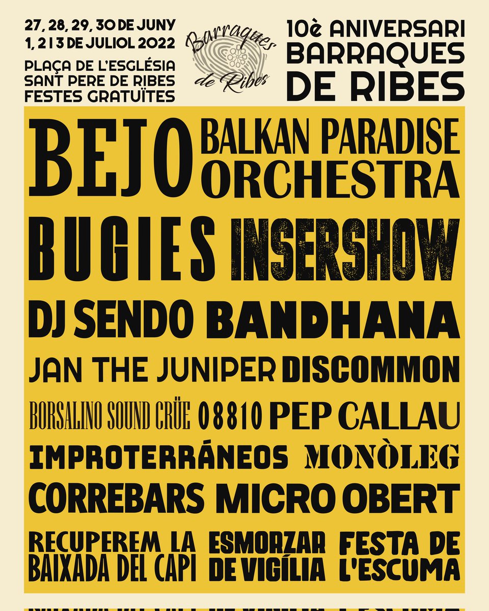 Programació de les Barraques de Ribes 2022! Com cada any us oferim una programació per a totes les edats. Un cartell amb artistes de gran nivell. Concerts, improshow, monòlegs, circ i moltes activitats més engloben un 10è aniversari de luxe que iniciarem el dilluns 27 de juny ⬇️