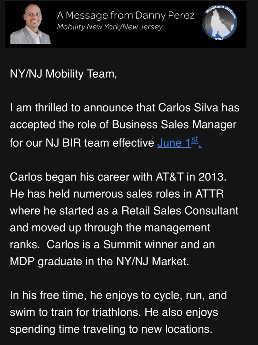 Welcome to the team Carlos! We are so happy that you will be a leader in our NYNJ Business Wolves team joining us as a Mobility Sales Manager on 6/1!

We can’t wait to get started and close deals together, congratulations on your new role! <a href="/Danny_Perez_01/">Danny Perez</a> <a href="/Carlossilva_86/">Carlos Silva</a>