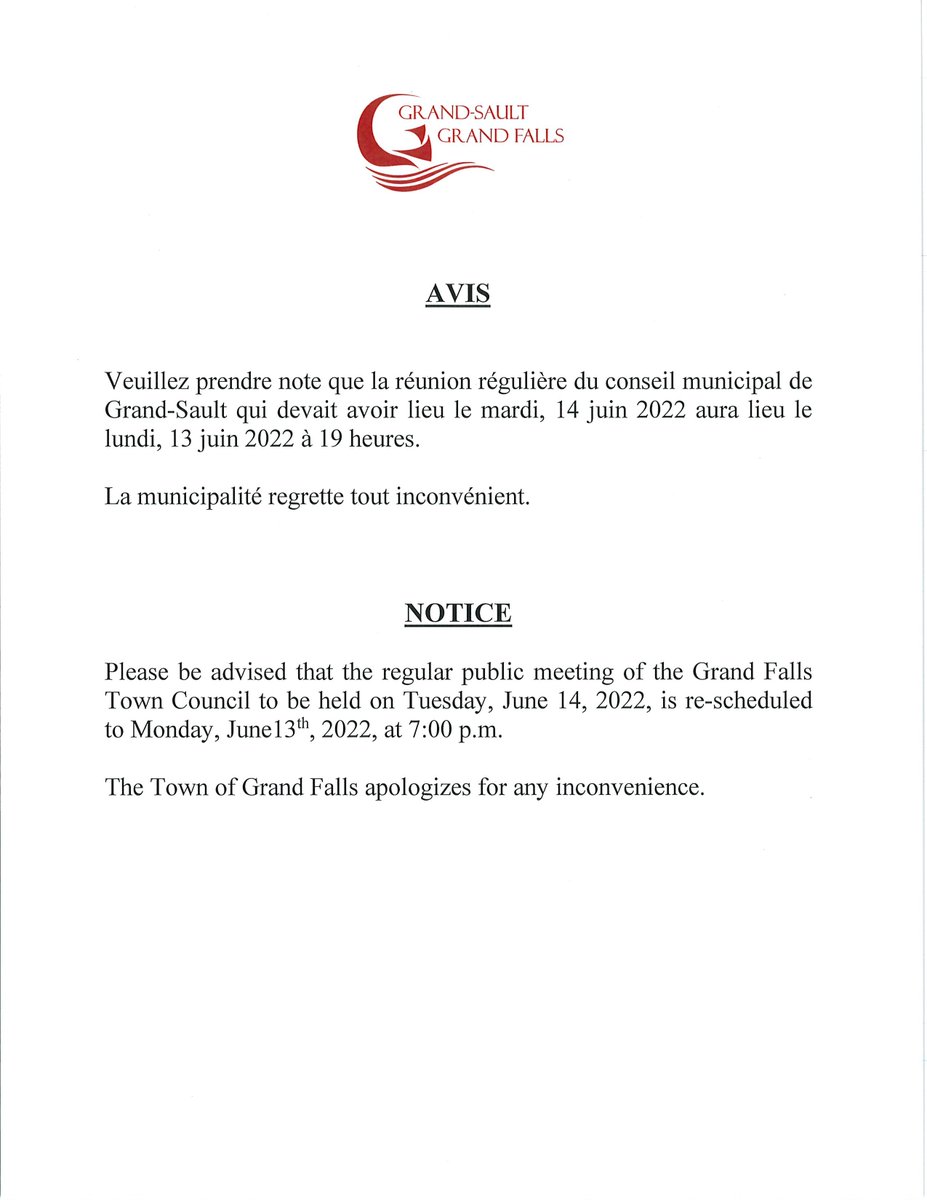 GrandSaultFalls's tweet photo. 🗓📌 SVP noter le changement de date ci-bas pour la prochaine réunion publique.
🗓📌 Please take note of a date modification for the next public meeting. https://t.co/3IF7266el8
