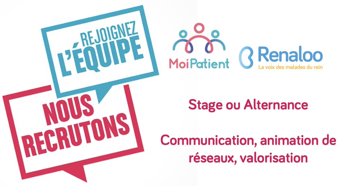 Renalooo's tweet photo. 📢 Renaloo #MoiPatient recrutent : Communication, animation de réseaux, valorisation / stage ou alternance
https://t.co/1WUFwUVcGu https://t.co/2FzxZC8u2s