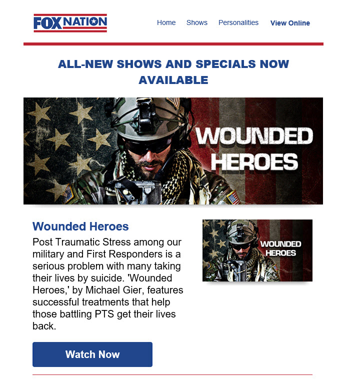 WHDocumentary's tweet photo. Wounded Heroes is an award-winning film now on Fox Nation that features alternative treatments that help anyone battling post-traumatic stress get their lives back. Fox Nation offers military &amp; 1st responders one year free access; join and watch the film for free. https://t.co/58BufTlYru