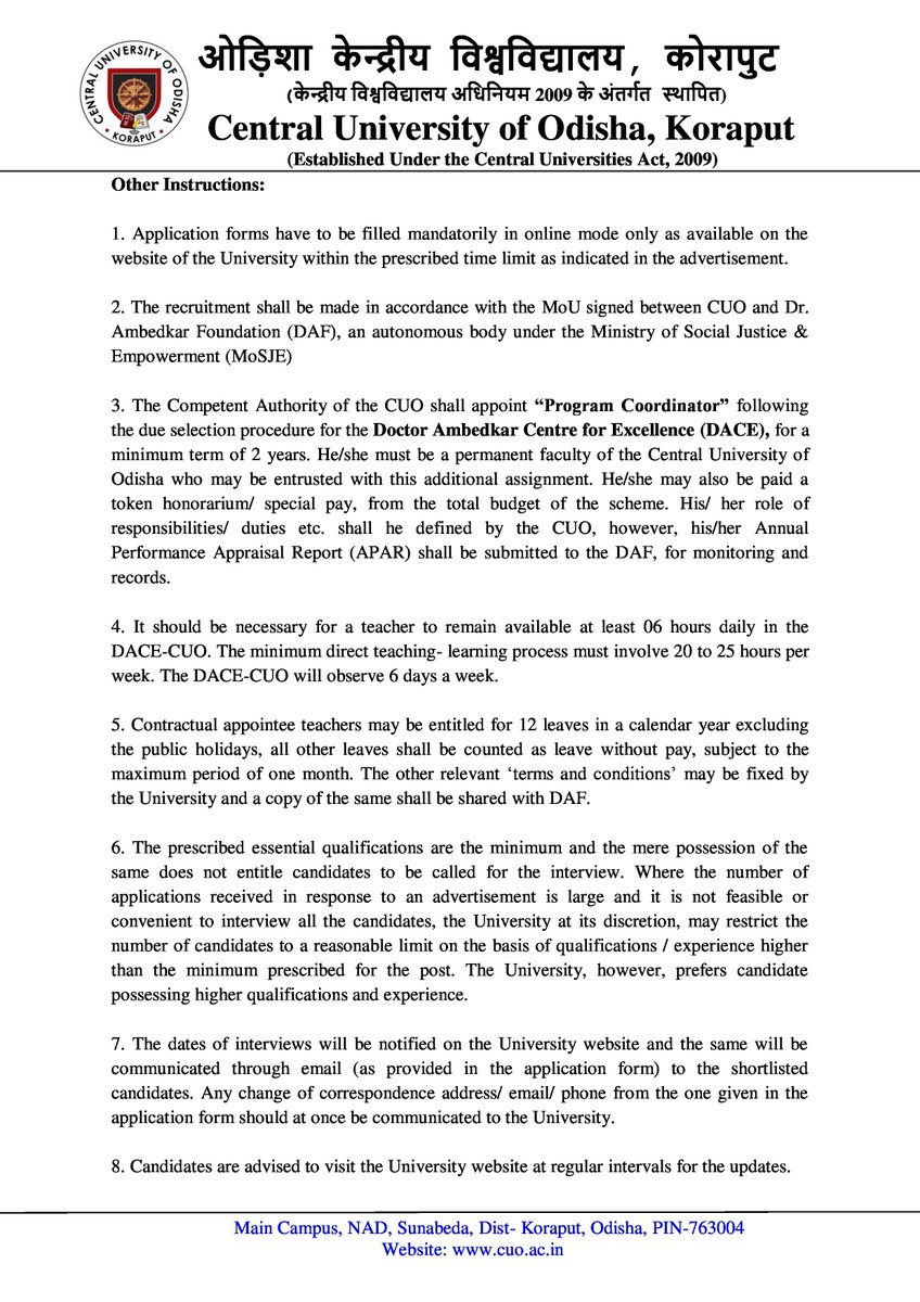 cuokoraput's tweet photo. Advertisement for engagement/ empanelment of contractual/ term appointment teachers and coordinator for limited period at DACE, Central University of Odisha. Detail notification posted below-
@dpradhanbjp @EduMinOfIndia  @swachhbharat  @Annapurna4BJP  @EBSB_Edumin  @PIB_India https://t.co/0lMlvL0ViZ