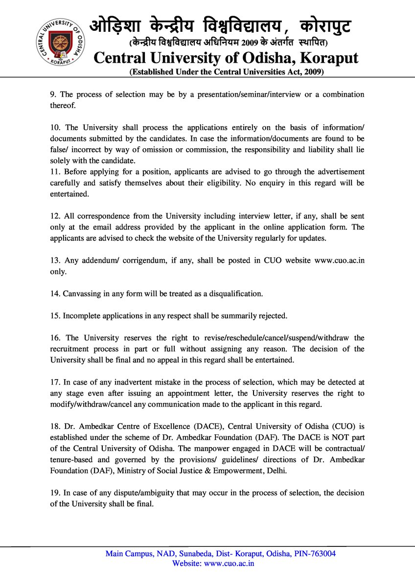 cuokoraput's tweet photo. Advertisement for engagement/ empanelment of contractual/ term appointment teachers and coordinator for limited period at DACE, Central University of Odisha. Detail notification posted below-
@dpradhanbjp @EduMinOfIndia  @swachhbharat  @Annapurna4BJP  @EBSB_Edumin  @PIB_India https://t.co/0lMlvL0ViZ