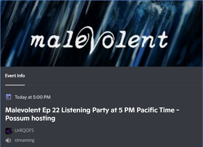 Glowingcoal's tweet image. Hey, our Rusty Quill fan server, URRQOFS, is having a listening party for the latest episode of @MalevolentCast at 5 PM Pacific Time! Come hang out! Lurkers always welcome. :D
Discord link: discord.gg/7wVzS5W2

-Coal