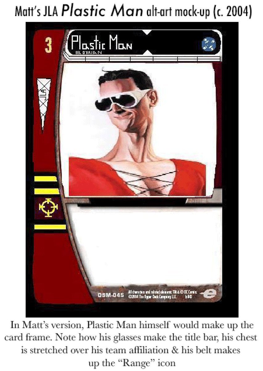 CCGHistory's tweet photo. On tomorrow's #TheBoosterPack podcast, I chat to @Hail_Hyra about his TCG designs & we even talk about one of my all-time fav cards:
JLA's PLASTIC MAN from VS System!
fun fact: its unique layout was Matt's own idea! He even mocked-up his own prototype to inspire the VS art team https://t.co/Ieq5yLl48v