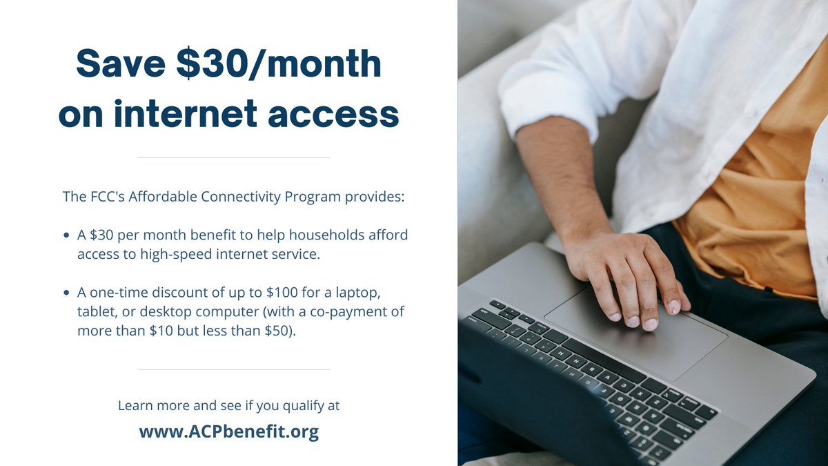 NCBroadband's tweet photo. If your internet bill is too high, see if you qualify for a monthly discount of up to $30 for #broadband service from the @FCC's Affordable Connectivity Program. Find out more and apply here: https://t.co/tJLIGdVC75 #BroadbandforAll #InternetIsNotALuxury https://t.co/yill05MuHl