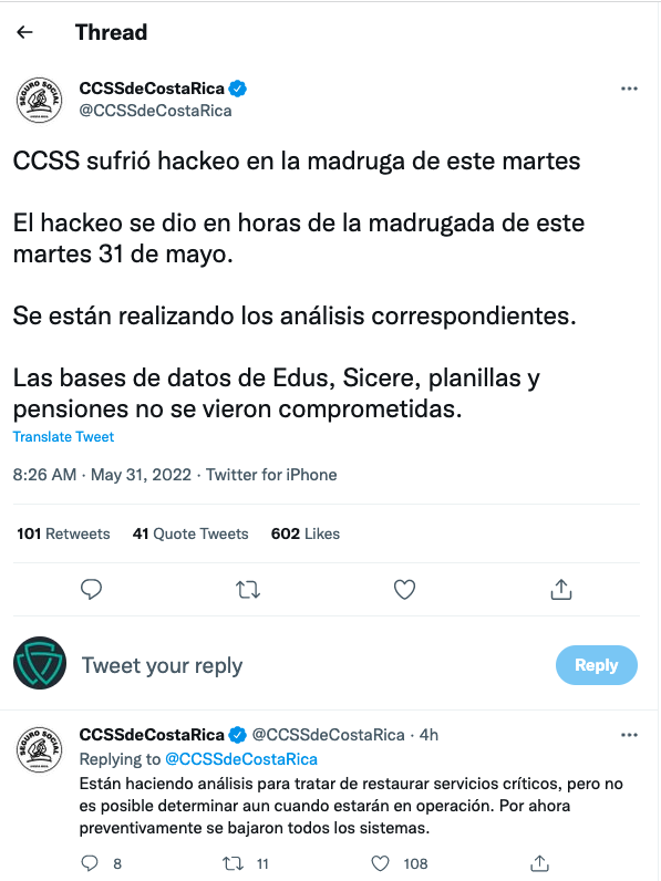 _venarix_'s tweet photo. The Costa Rican 🇨🇷 Caja Costarricense de Seguro Social (CCSS - Costa Rican Social Security Fund) suffered a #ransomware attack on May 31. While sources report that #HiveLeaks is responsible, the group has not posted any information about the alleged attack

Via @Randall44643938 https://t.co/R6geOVbWAf