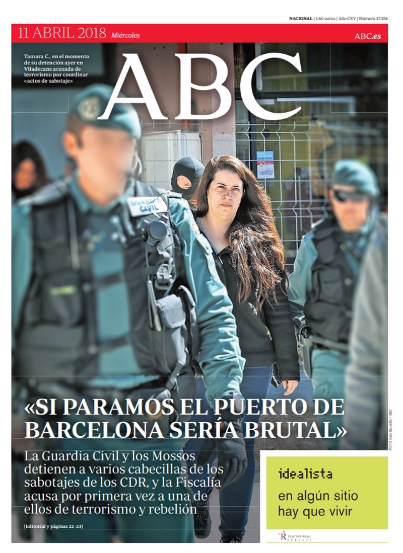 FonsiLoaiza's tweet photo. Estas fueron algunas de las portadas de la prensa en España tratando a la catalana Tamara Carrasco como terrorista. Hoy, 4 años después, ha sido absuelta. Era todo un montaje. Nadie le devolverá todo este tiempo de criminalización. Estos medios no pedirán perdón. https://t.co/FJUKRjfCT0
