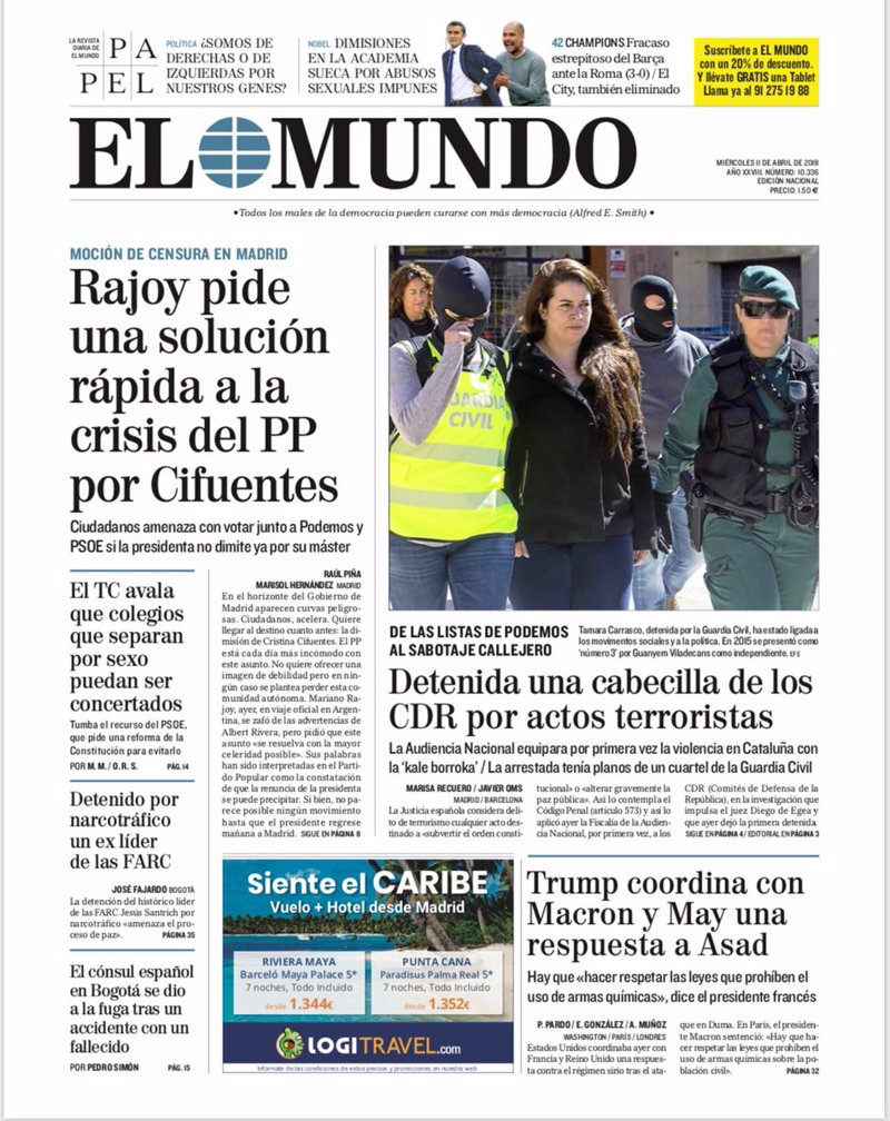 FonsiLoaiza's tweet photo. Estas fueron algunas de las portadas de la prensa en España tratando a la catalana Tamara Carrasco como terrorista. Hoy, 4 años después, ha sido absuelta. Era todo un montaje. Nadie le devolverá todo este tiempo de criminalización. Estos medios no pedirán perdón. https://t.co/FJUKRjfCT0