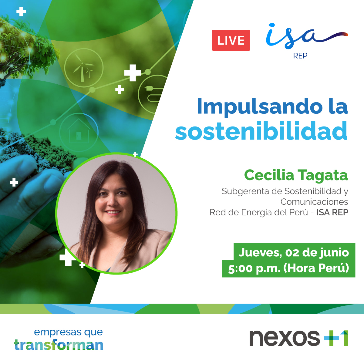 NexosMasUno's tweet photo. #Entrevista ▶ Cecilia Tagata, subgerenta de Sostenibilidad y Comunicaciones de #ISAREP, nos acompañará para contarnos sobre las iniciativas de @ISAConexiones para promover un desarrollo sostenible.
📆 02/06 🕐 5:00 p.m.
#EnVivo desde 👉 https://t.co/iCa6V00n2K https://t.co/lMJndiNvew