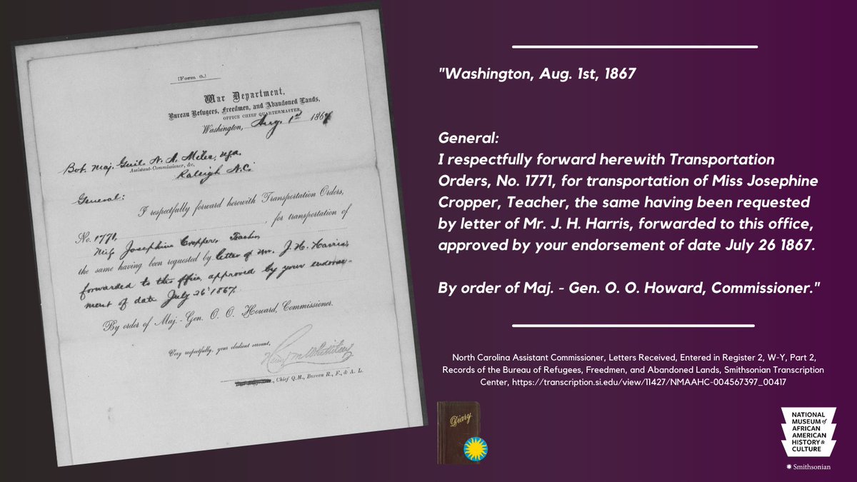 TranscribeSI's tweet photo. Recently, a TC #volunpeer alerted us to the story of Josephine Cropper, an African American woman who left her Philadelphia home in 1867 to teach for the Freedmen's Bureau. According to scattered Bureau documents, she was assisted by NC politician and activist, James H. Harris. https://t.co/sa2hh2rkae