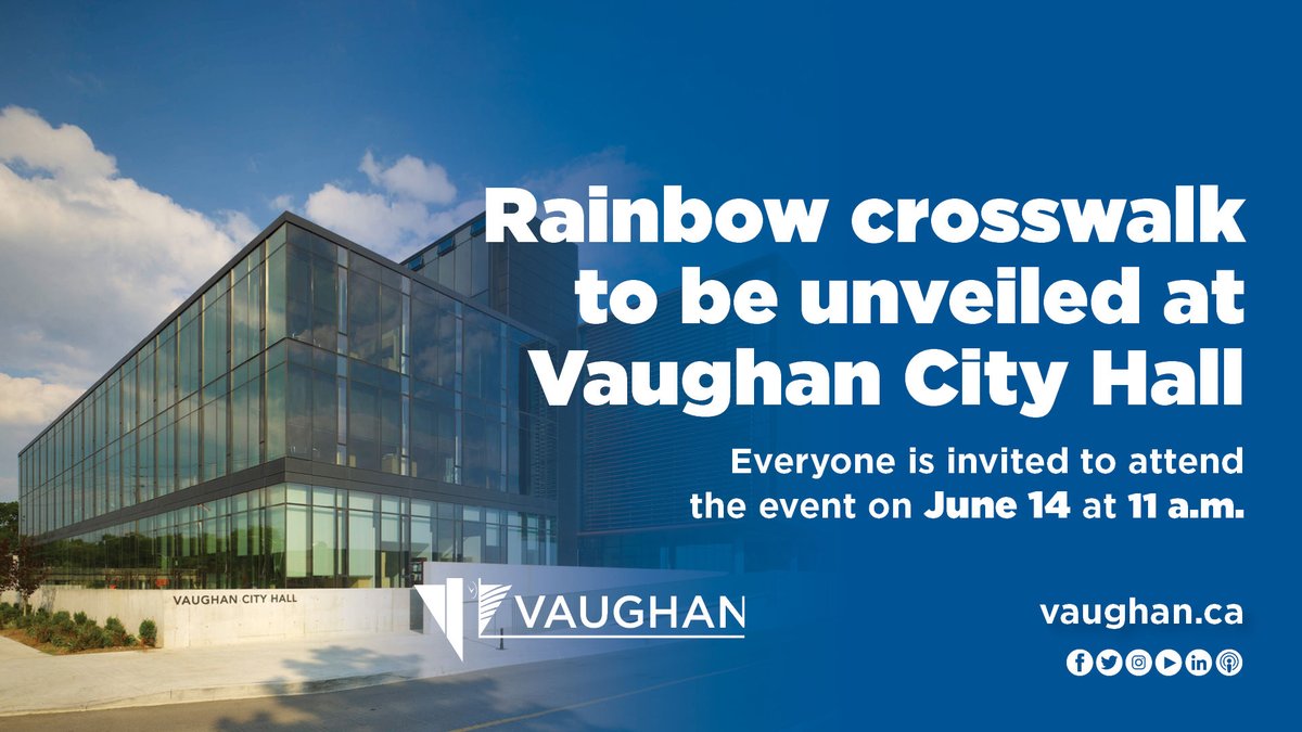 City_of_Vaughan's tweet photo. Vaughan is dedicated to fostering a welcoming and inclusive city. As part of that commitment, you are invited to an event at City Hall on June 14 to unveil a new rainbow crosswalk, see the Vaughan Fire and Rescue Service Pride truck and more. Details: https://t.co/uynQ06iKv6 https://t.co/q1rOeXIQ7E