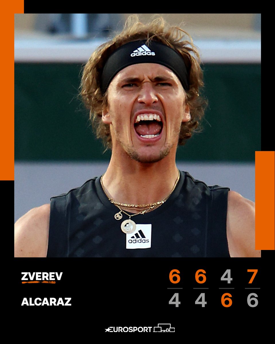 Eurosport_FR's tweet photo. Alcaraz s'arrête en quart ! Le prodige espagnol a subi la loi de Zverev, qui attend le vainqueur du choc Djokovic-Nadal en demie de #RolandGarros https://t.co/1ynCNkuYS3 https://t.co/YMAw7fXDw8