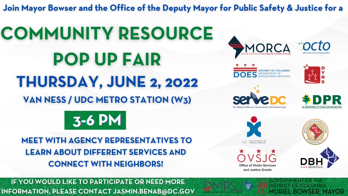 Commr_David's tweet photo. On Thursday at 3pm-6pm, stop by the Community Resource Pop Up Fair to get information on agency services and sign-up for any services with @DOES_DC @ServeDC @DCDPR @DBHRecoversDC and more! https://t.co/X9hASqKEXC