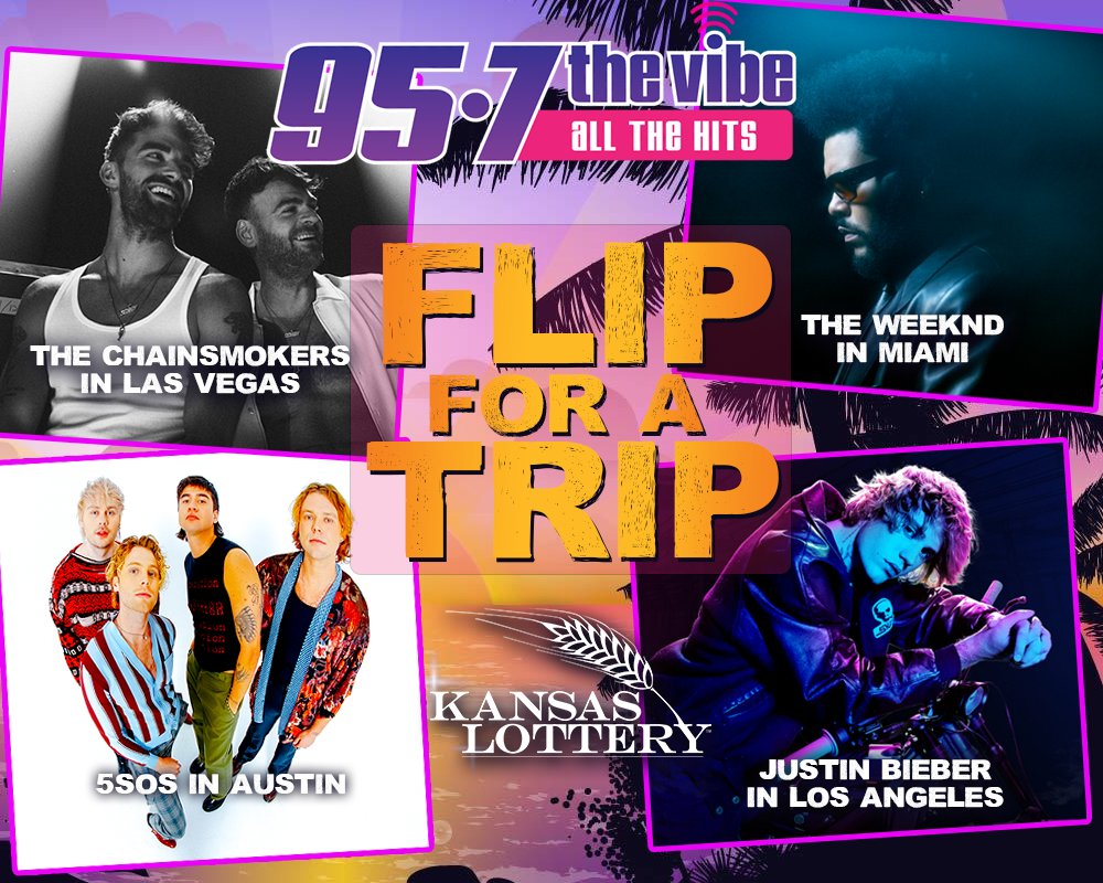 95.7 The Vibe &amp; <a href="/Kansas_Lottery/">Kansas Lottery</a> want you to Flip for a Trip! You could win a trip to see Bieber, a smart watch, game systems &amp; more! Download our game board at our website! Call in each day @ 10:30a, 11:30a, 3:30p &amp; 5:30p. Guess 2 squares and if they match, you get the prize!