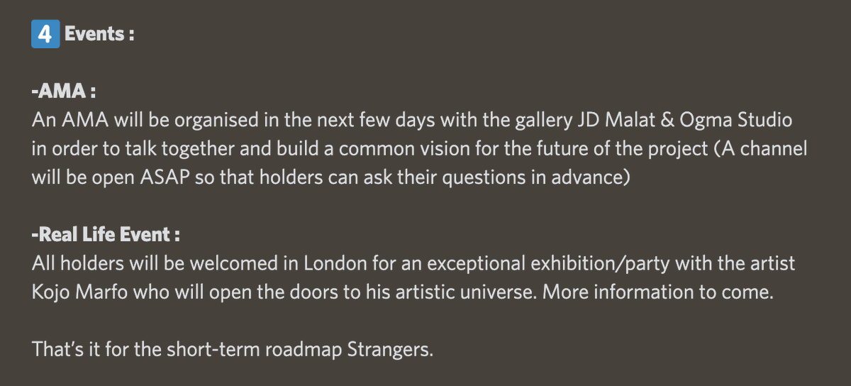 Strangers_Kojo's tweet photo. Roadmap for Strangers Genesis it OUT 🗣️
Art tokenization + Pass + Signed Canvas + Events 🧿

Strangers, what we're building here is real. https://t.co/xFPKO7fRLA
