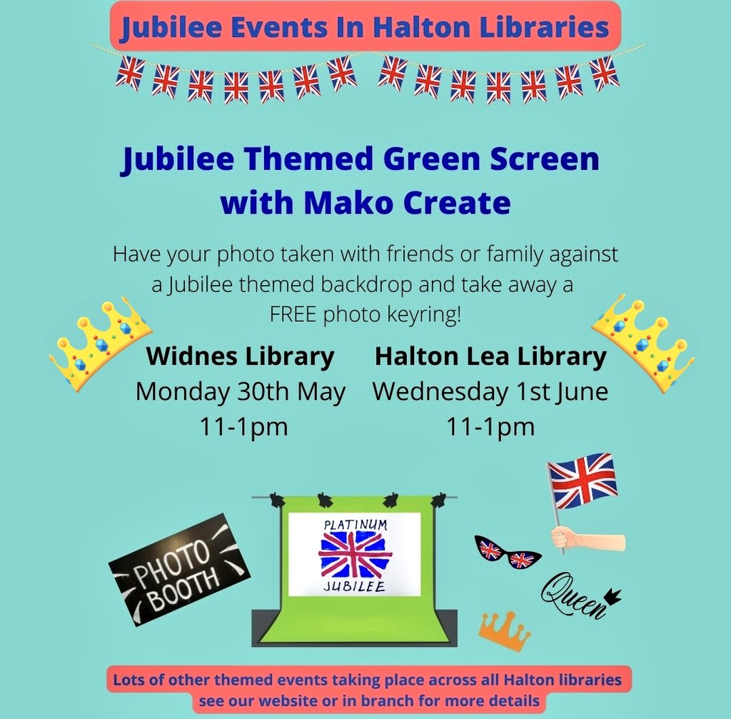 HaltonLibraries's tweet image. Join us tomorrow in Halton Lea Library for your final chance to make &amp;amp; take a free #Jubilee Photo Keyring! Drop in between 11-1pm, choose your Royal backdrop, smile and say Cheese!
Bring friends &amp;amp; family to create your own souvenir of the #PlatinumJubilee  JS