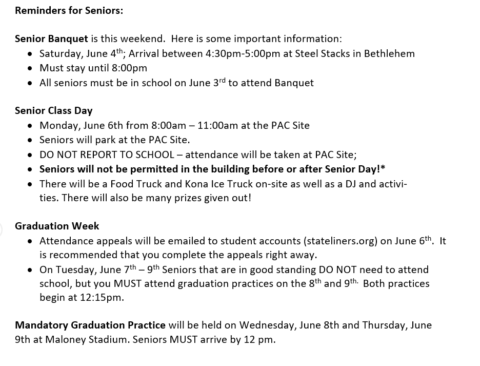 PHSGuidance3's tweet photo. SENIORS - Please see reminders from administration regarding the upcoming events these next few days!!! @statelinerphs @rovi_mr @pburgVP @PburgHSGuid https://t.co/KxWSmwwBzh