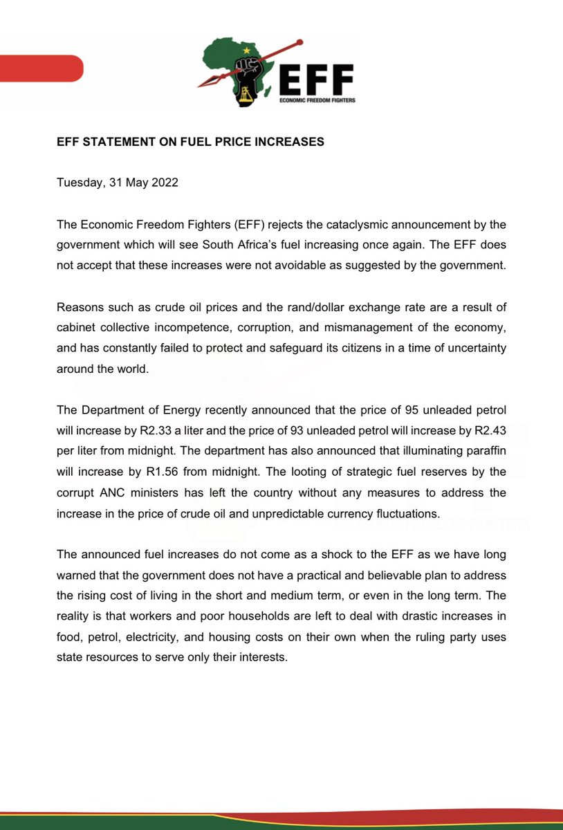 EFFSouthAfrica's tweet photo. EFF STATEMENT ON FUEL PRICE INCREASES https://t.co/irBwRlwaZs
